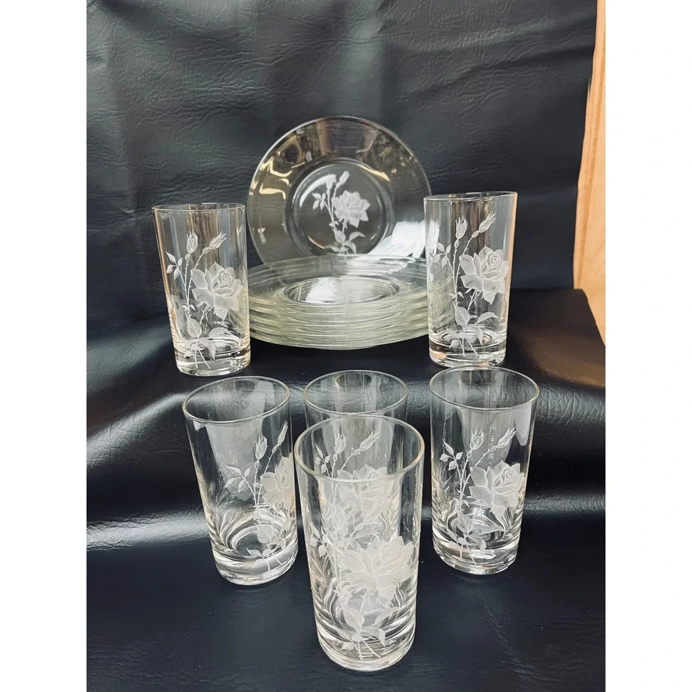Vtg Federal Glass 60s Etched Rose Clear Glass Tumblers Luncheon Plates MCM Set 6